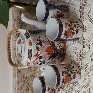 VINTAGE SATSUMA JAPAN HAND PAINTED PEACOCK & FLORAL TEAPOT w/ BAMBOO HANDLE (SET